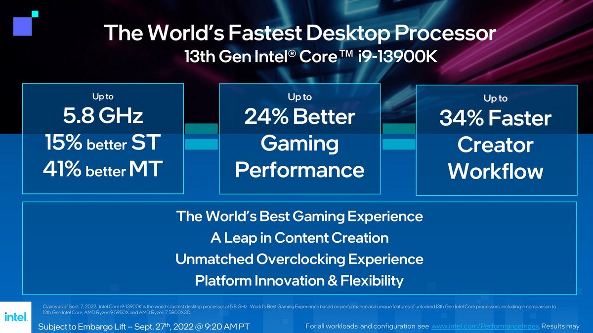 Le fondeur met en avant les gains « officiels » apportés par le Core i9-13900K © Intel