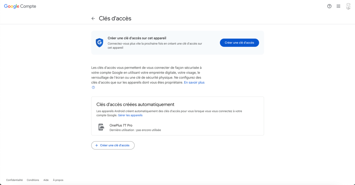 Google clé d'accès