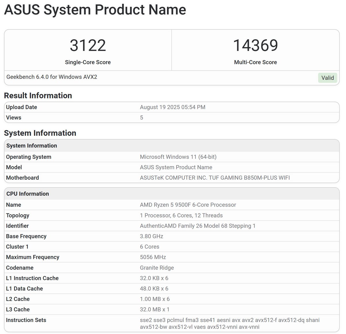 Le Ryzen 5 9500F aperçu dans la base de données Geekbench. ©VideoCardz