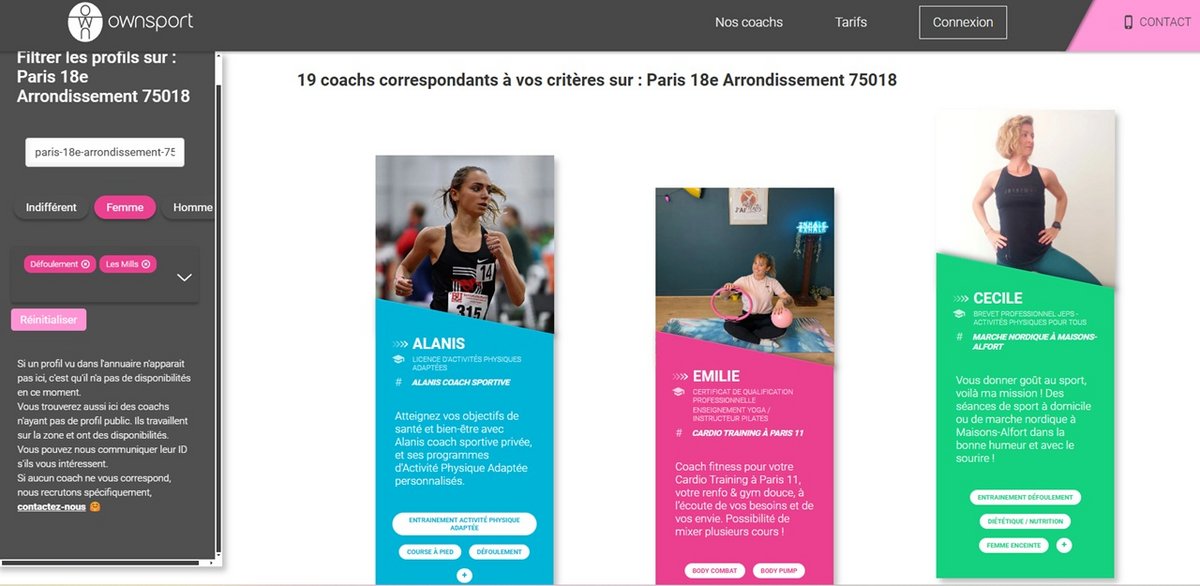 Un menu déroulant vous aide à trouver votre sport ou activité favorite en fonction de vos besoin ou état - Capture d'écran © Ownsport.fr / Mélina Loupia / Clubic