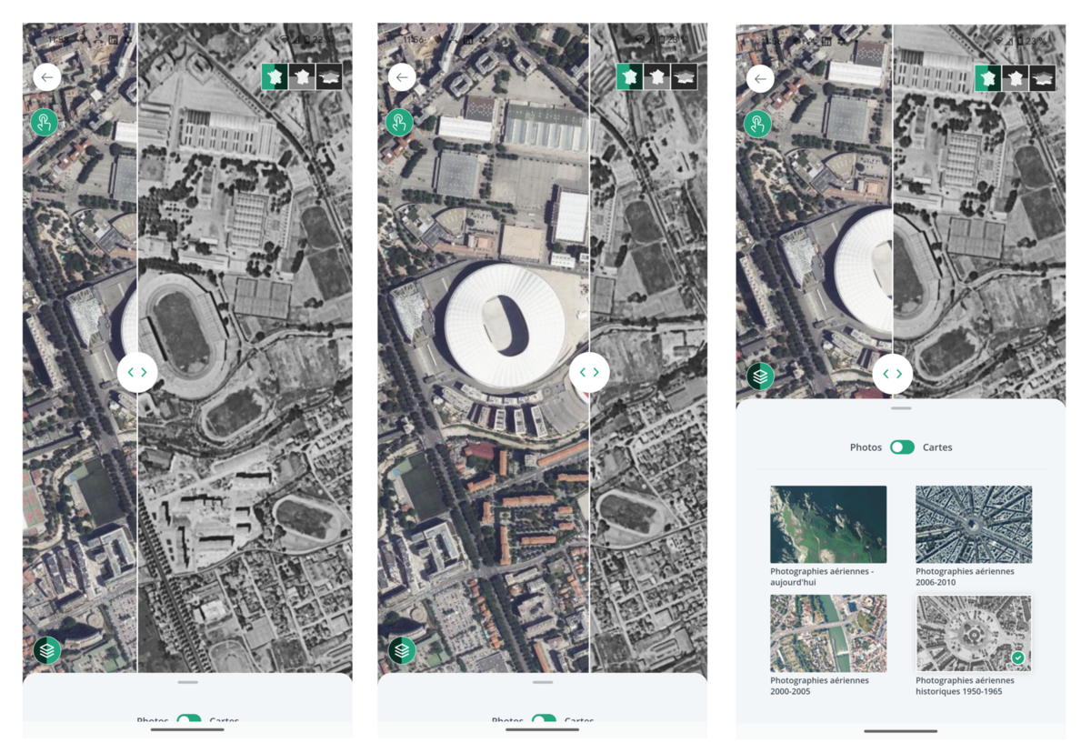 La fonctionnalité "Comparer" de l'appli Cartes IGN, qui nous montre ici deux versions très différentes du Stade Vélodrome de Marseille © Alexandre Boero / Clubic