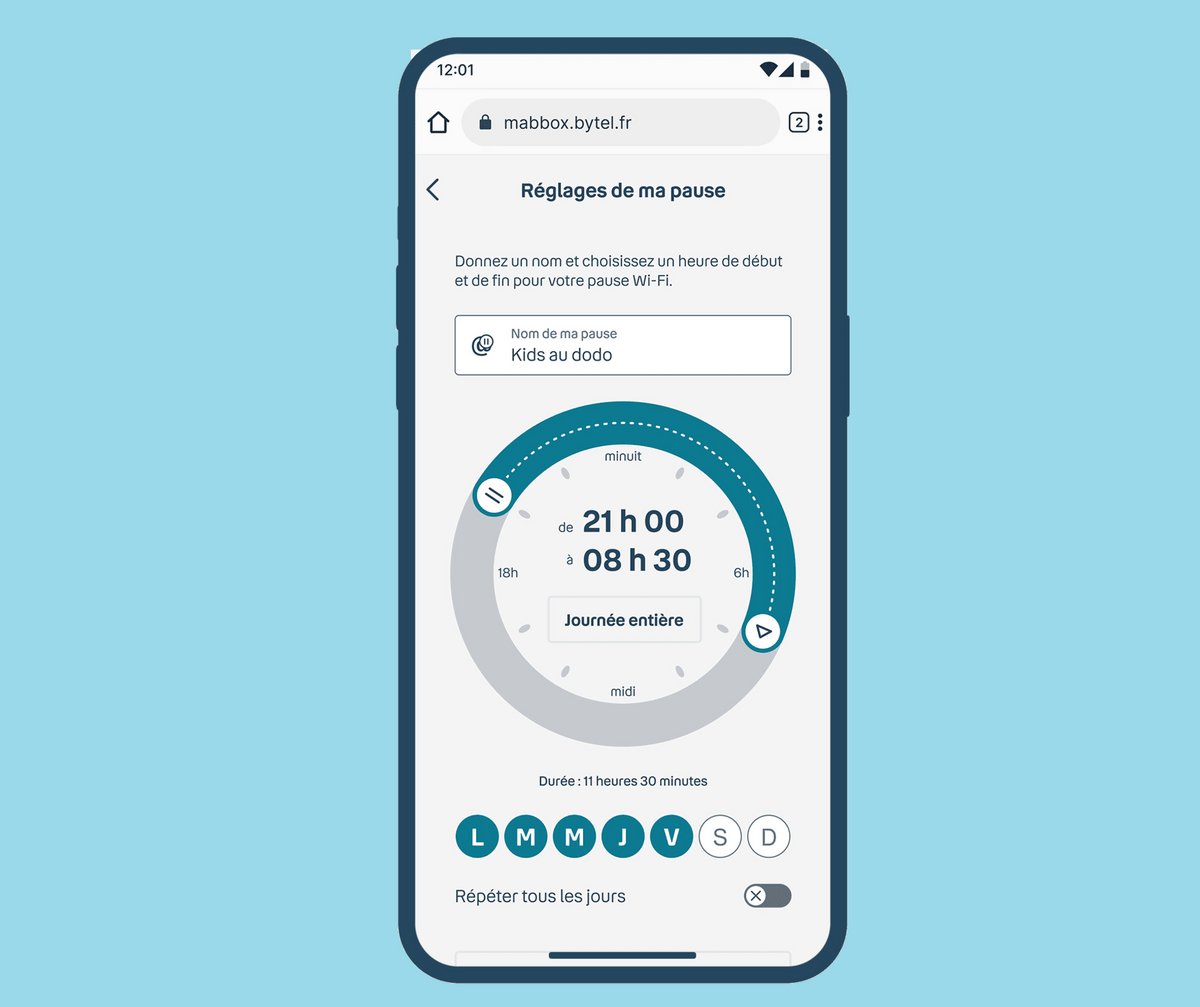 Avec la nouvelle interface de l'appli Bouygues Telecom, il est possible de paramétrer des plages horaires et la mise en veille automatique du Wi-Fi © Bouygues Telecom