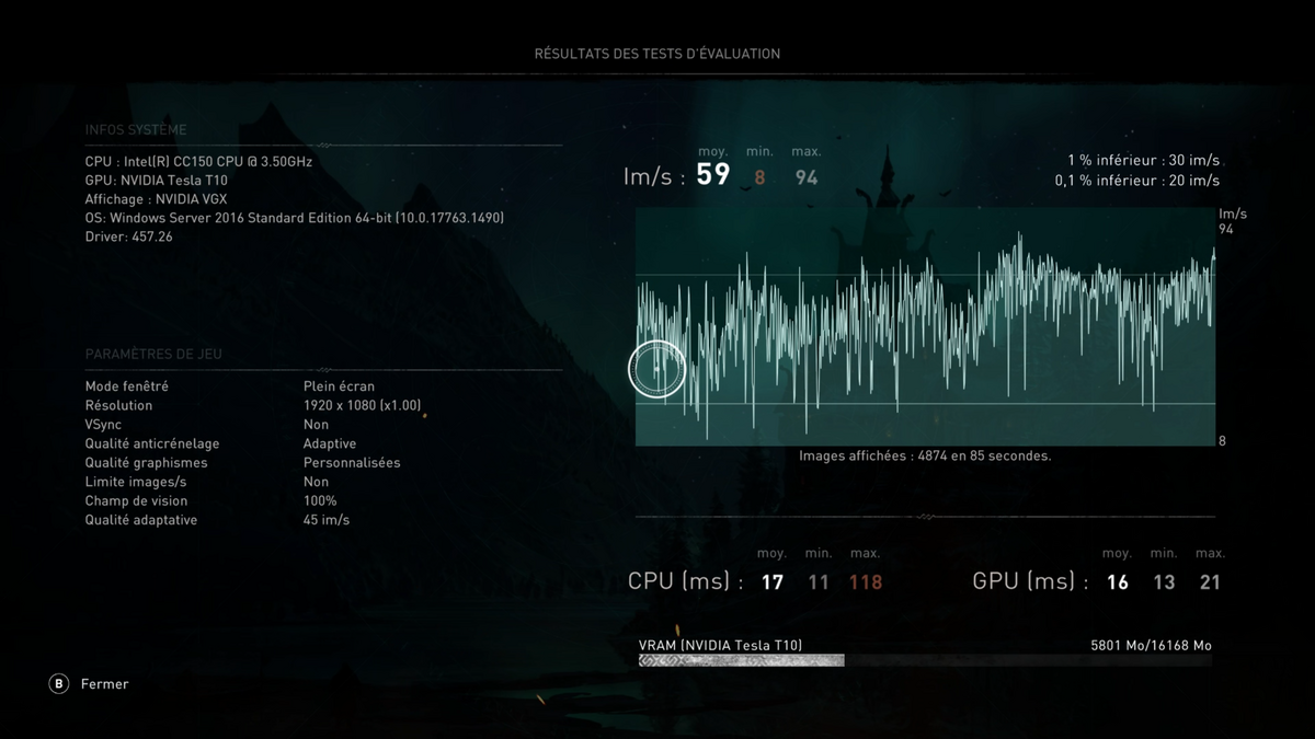 Assassin's Creed Valhalla n'est pas un modèle d'optimisation, même les serveurs de Nvidia doivent composer avec des chutes de framerate. Mais on atteint une moyenne de 60 fps avec les graphismes les plus élevés. 