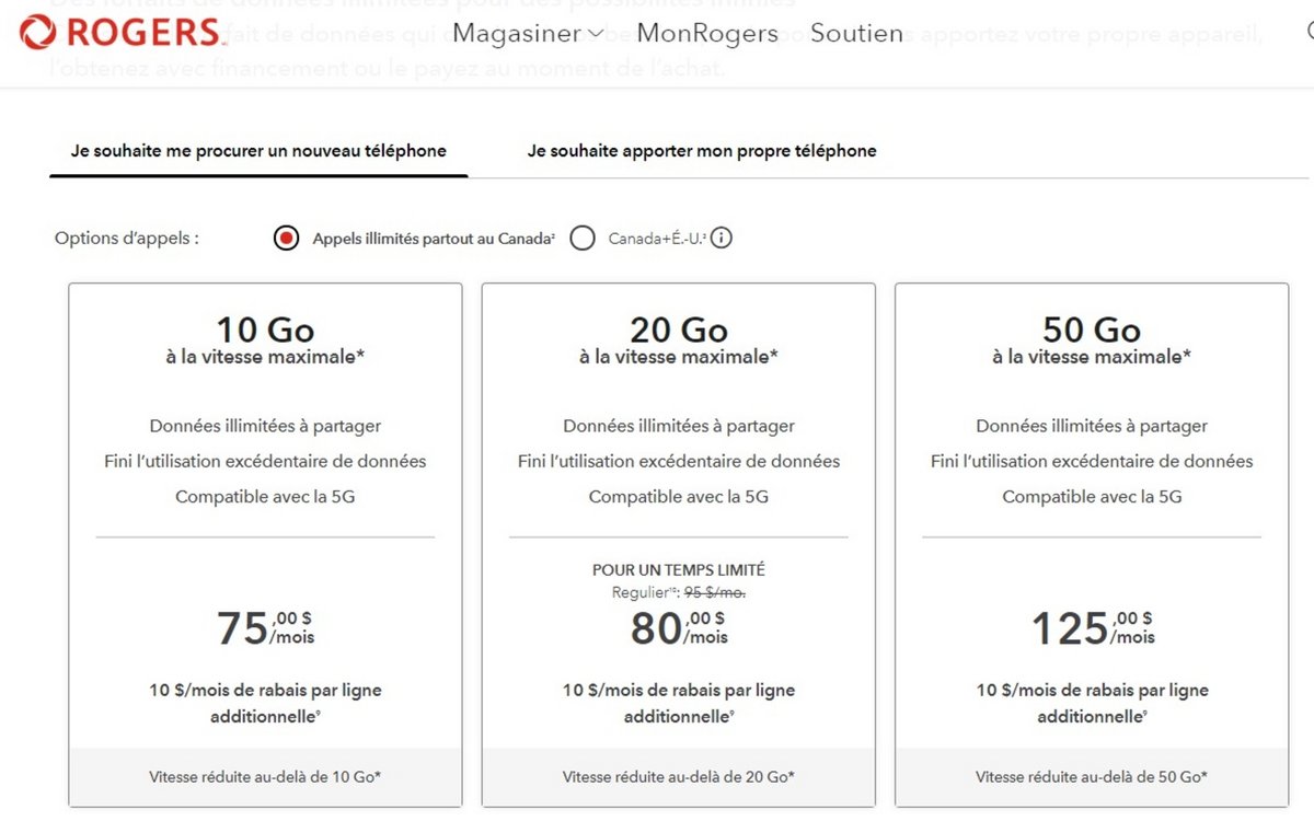 Capture d'écran du site de l'opérateur Rogers et de ses offres 5G