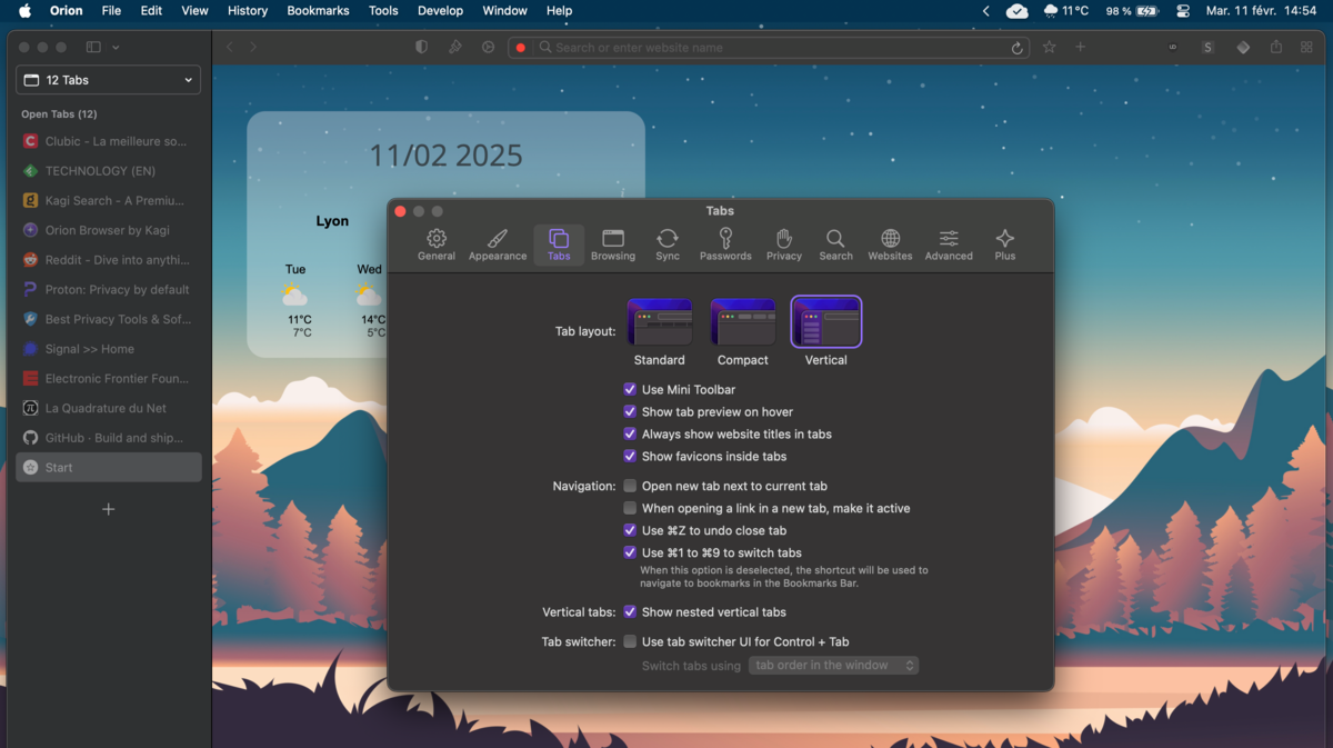 Orion Browser - Option d'onglets à la verticale