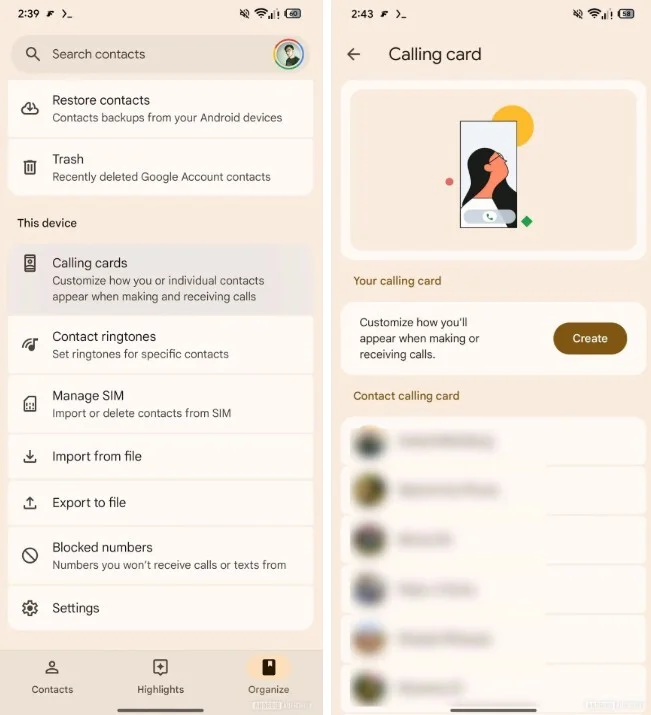 Le nouveau raccourci Calling Cards est présent dans l'application Contacts. ©Android Authority