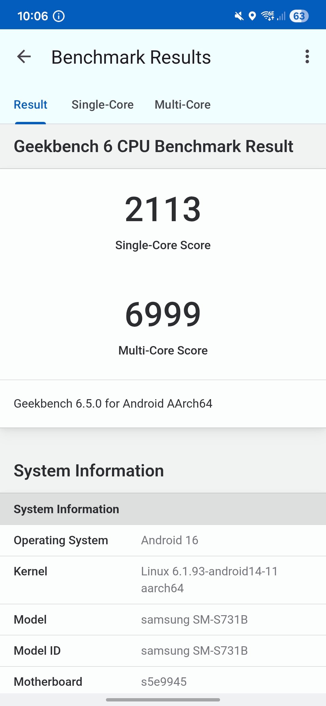 Résultats Geekbench.