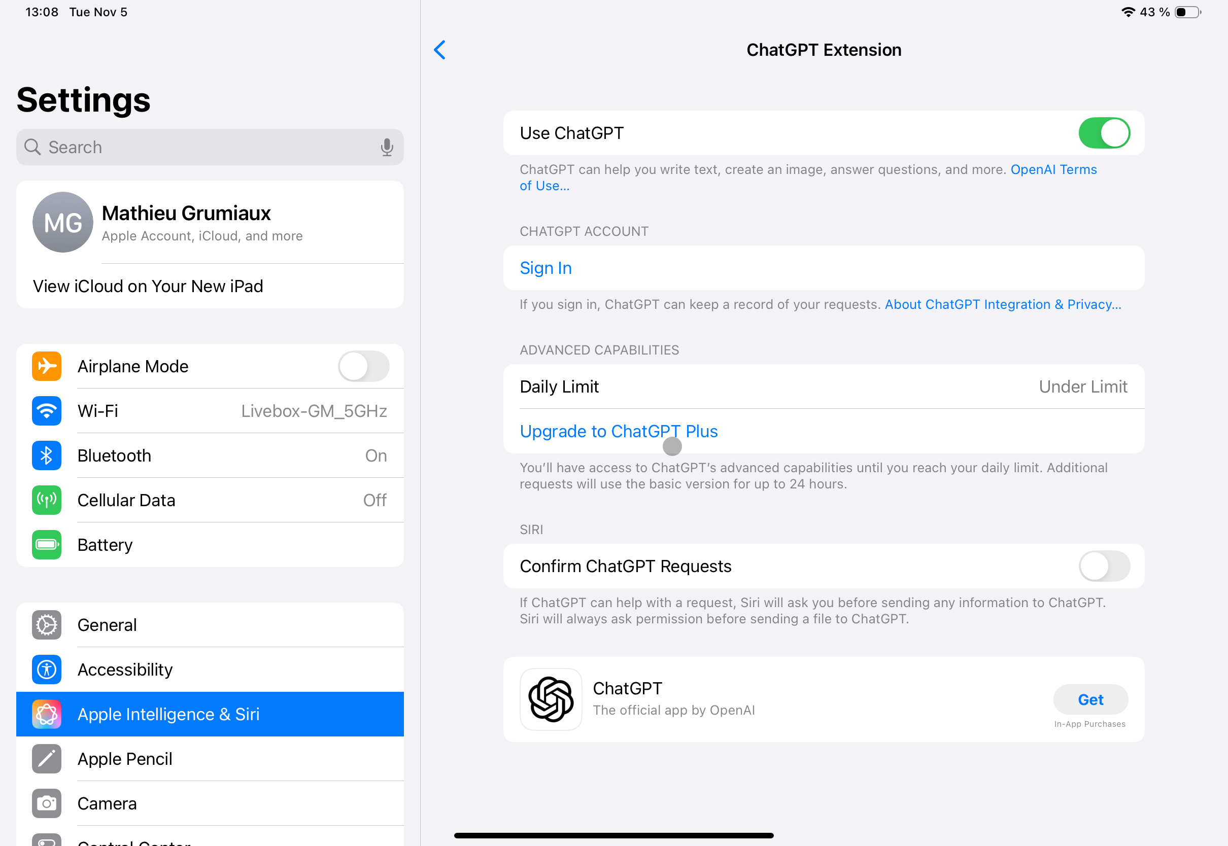 L'accès à ChatGPT se situe dans les réglages d'Apple Intelligence © Mathieu Grumiaux pour Clubic