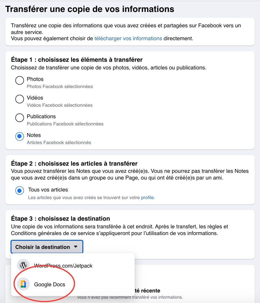 transfert informations Facebook