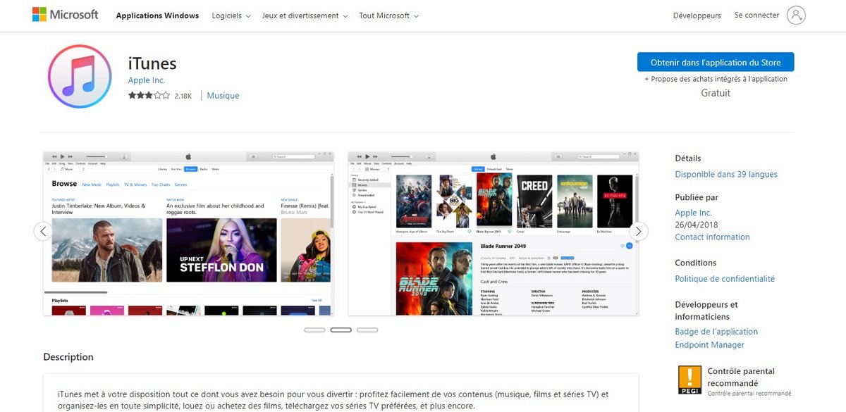 iTunes - Téléchargement de l'app sur le Microsoft Store