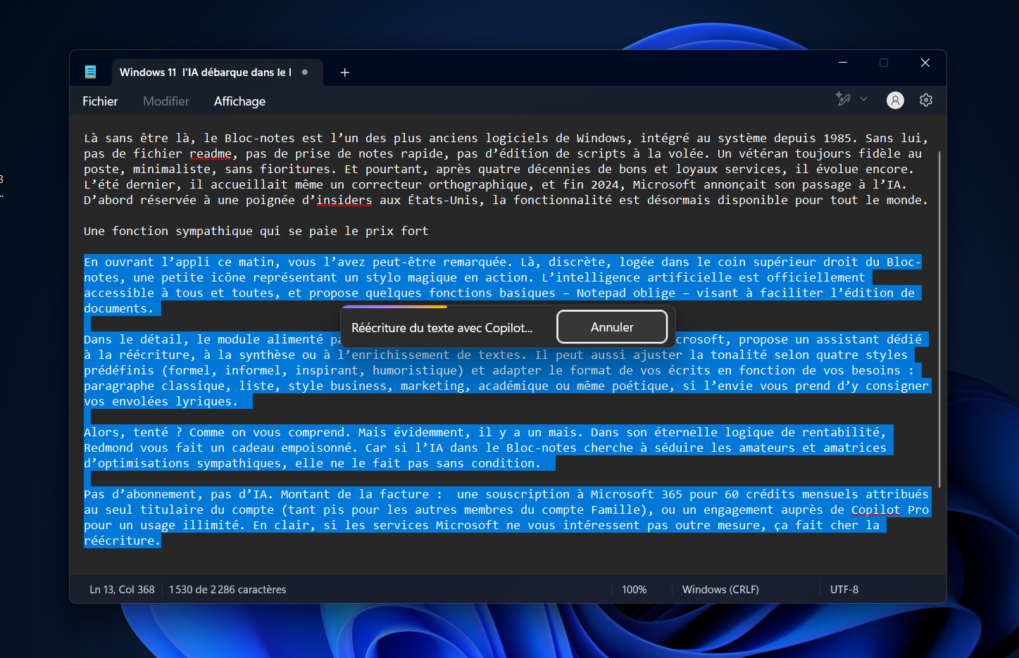 L'assistant d'écriture boosté par l'IA débarque dans le Bloc-notes... aux frais d'un abonnement MS 365 © Clubic