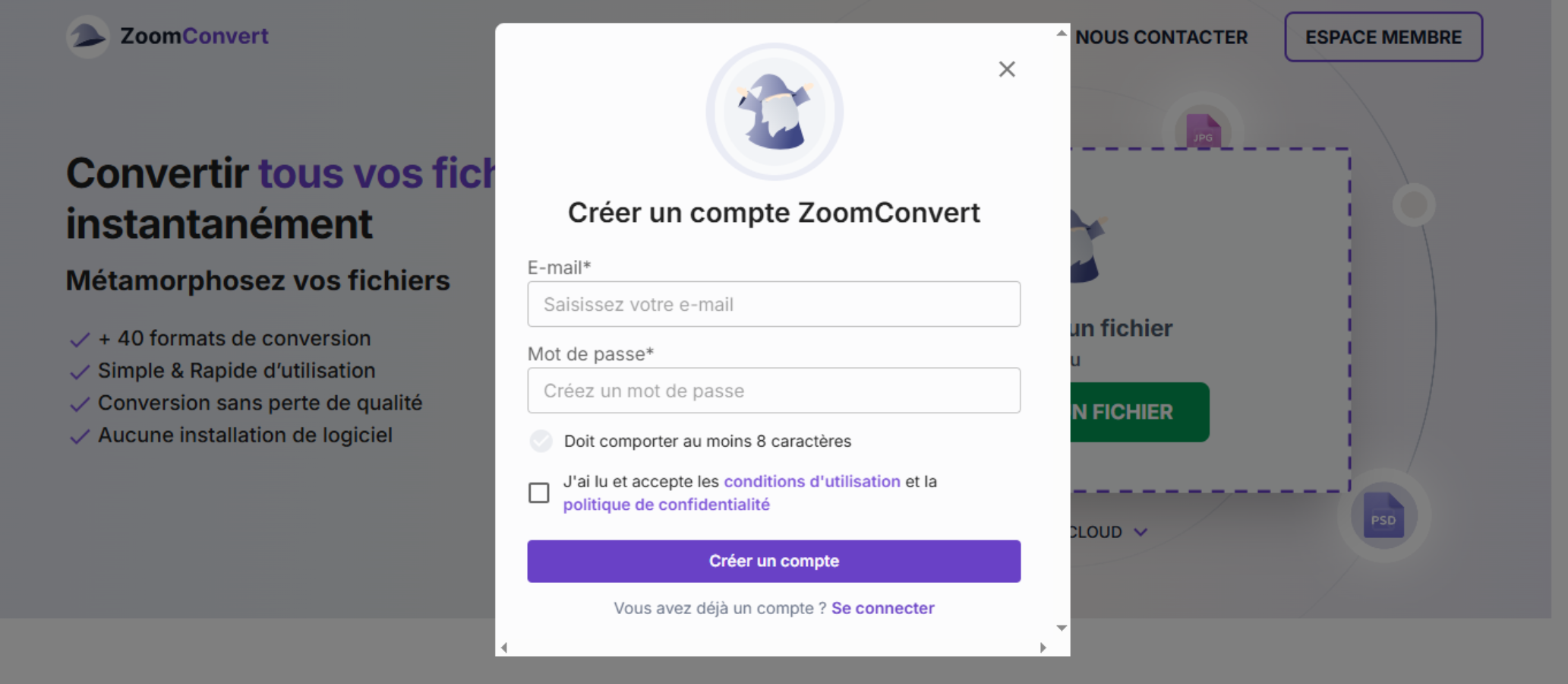 La création de compte sur ZoomConvert est rapide.