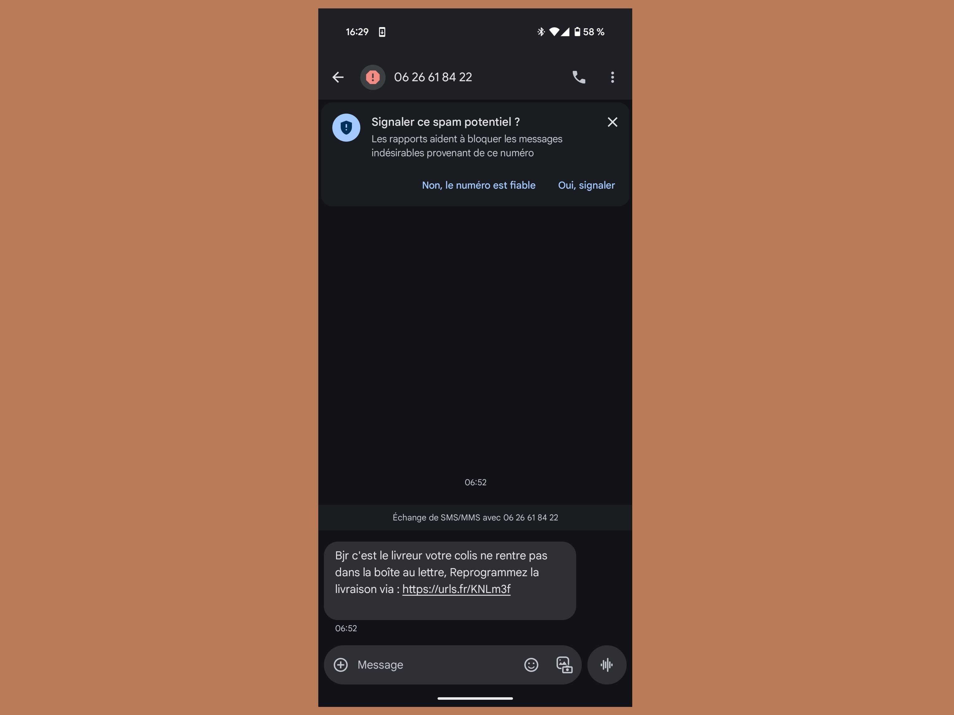 Le SMS d'origine reçu © Alexandre Boero / Clubic