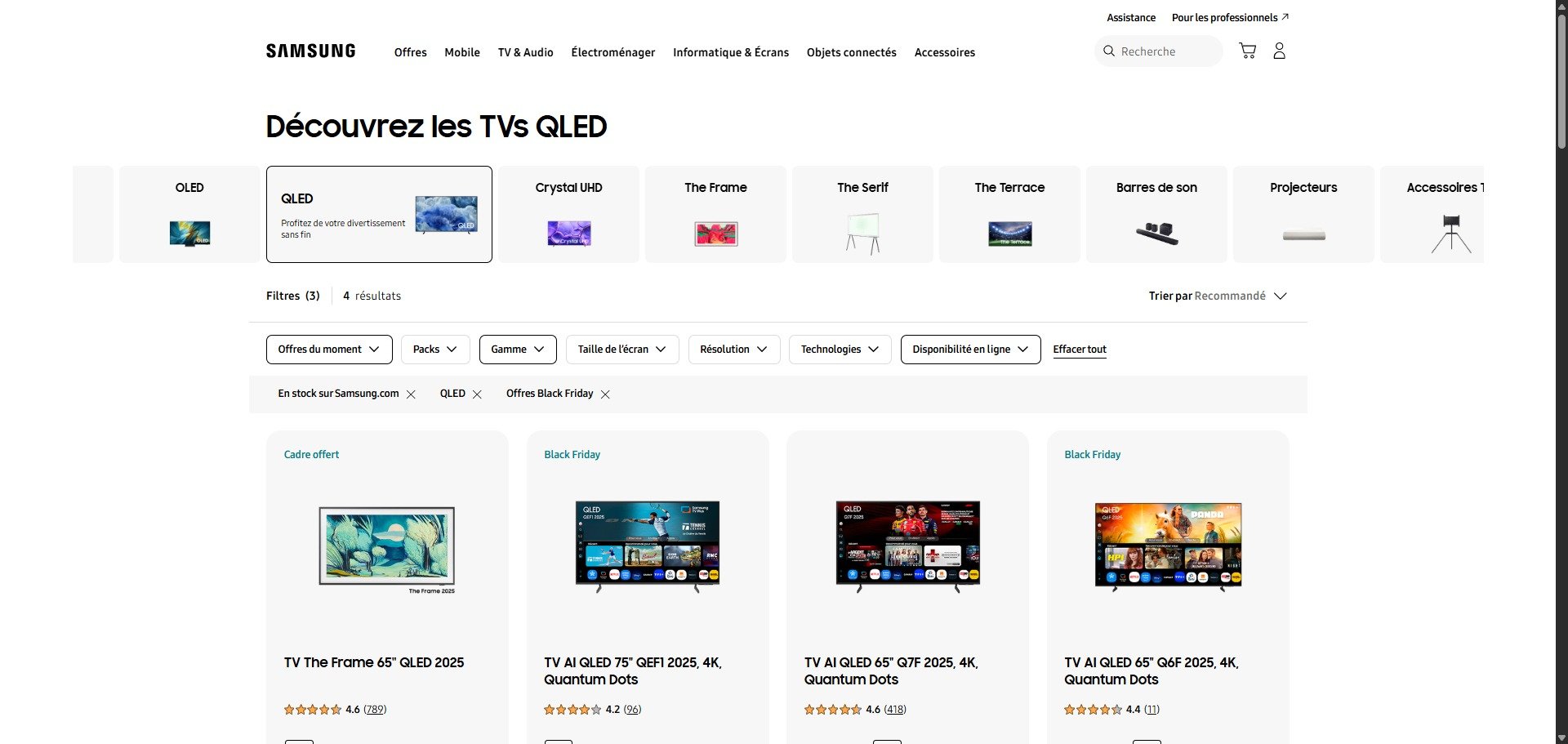 Capture d'écran du site Samsung, avec des téléviseurs en Black Friday. © Alexandre Boero / Clubic