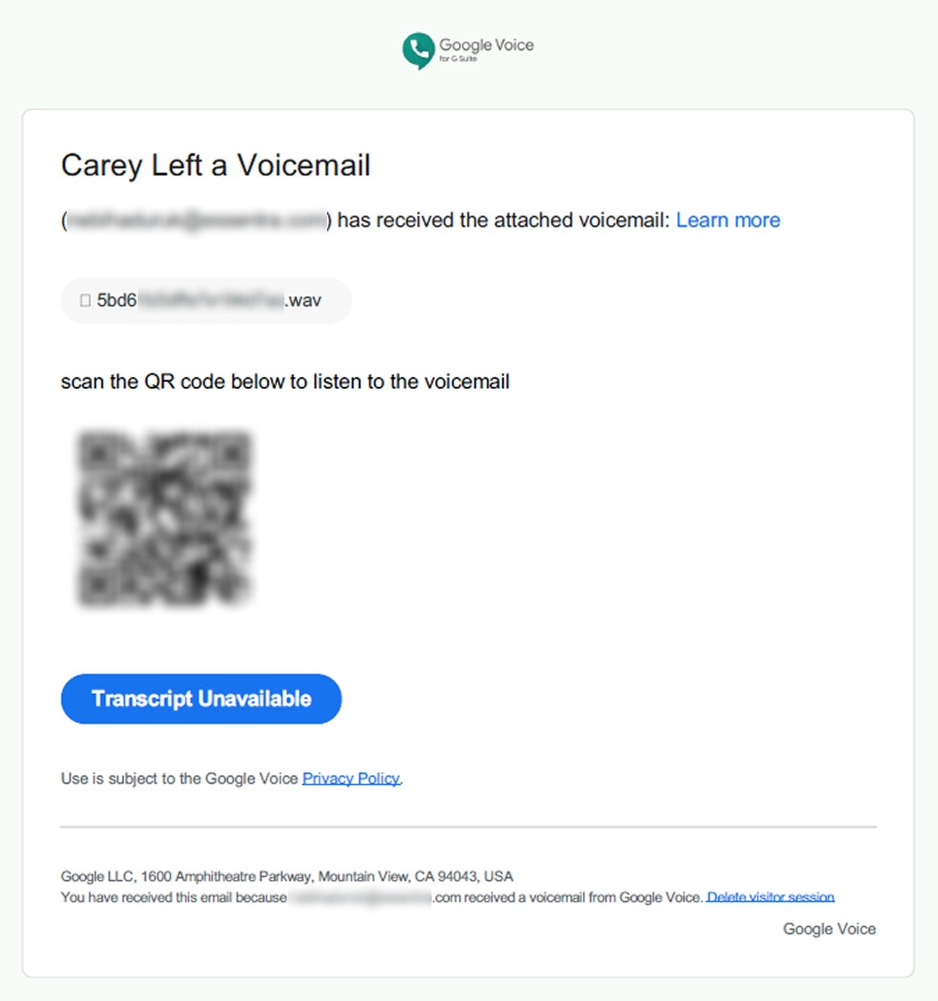 Le mail provient de l'adresse interne d'un ou une collègue, et contient un QR code censé rediriger vers un message vocal qu'il ou elle vous aurait laissé. © Varonis
