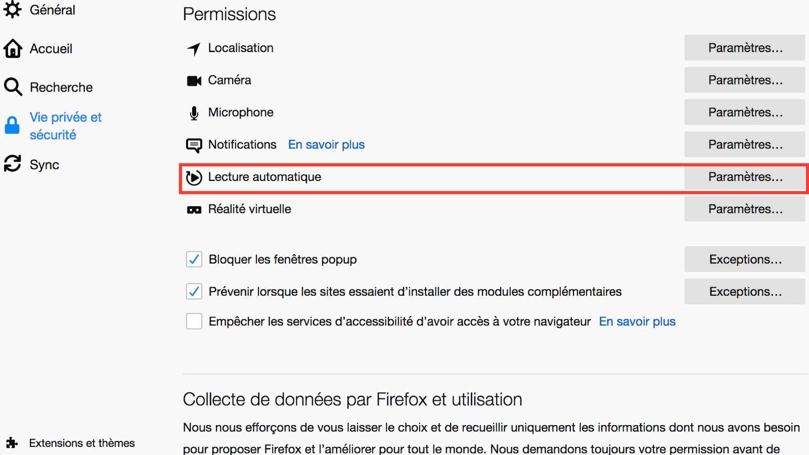 gestion medias firefox