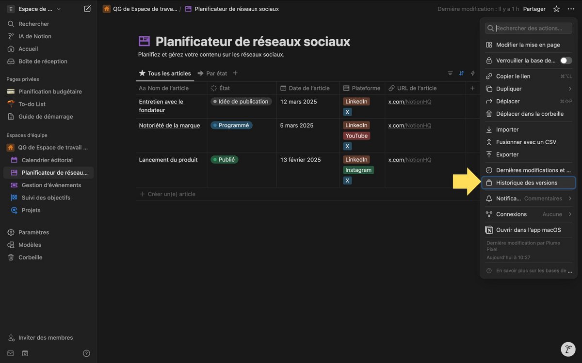 Trouvez l'historique des versions © Notion
