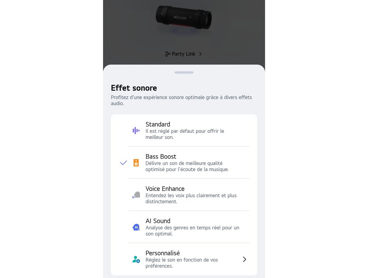 Les options disponibles pour travailler le son via l'app LG ThinQ © Vincent Touveneau 