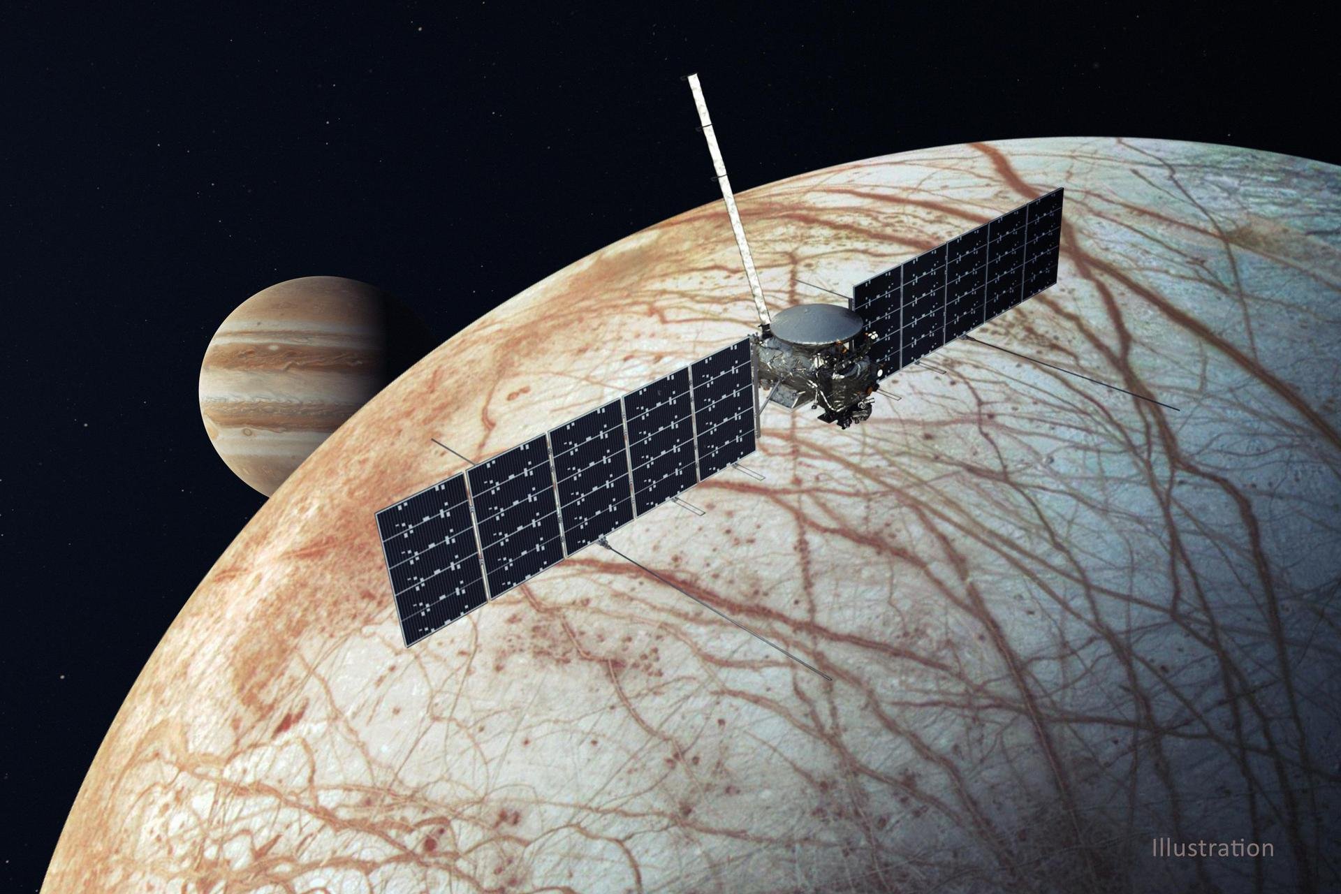 Vue d'artiste de la sonde Europa Clipper survolant son objectif. Crédits : NASA
