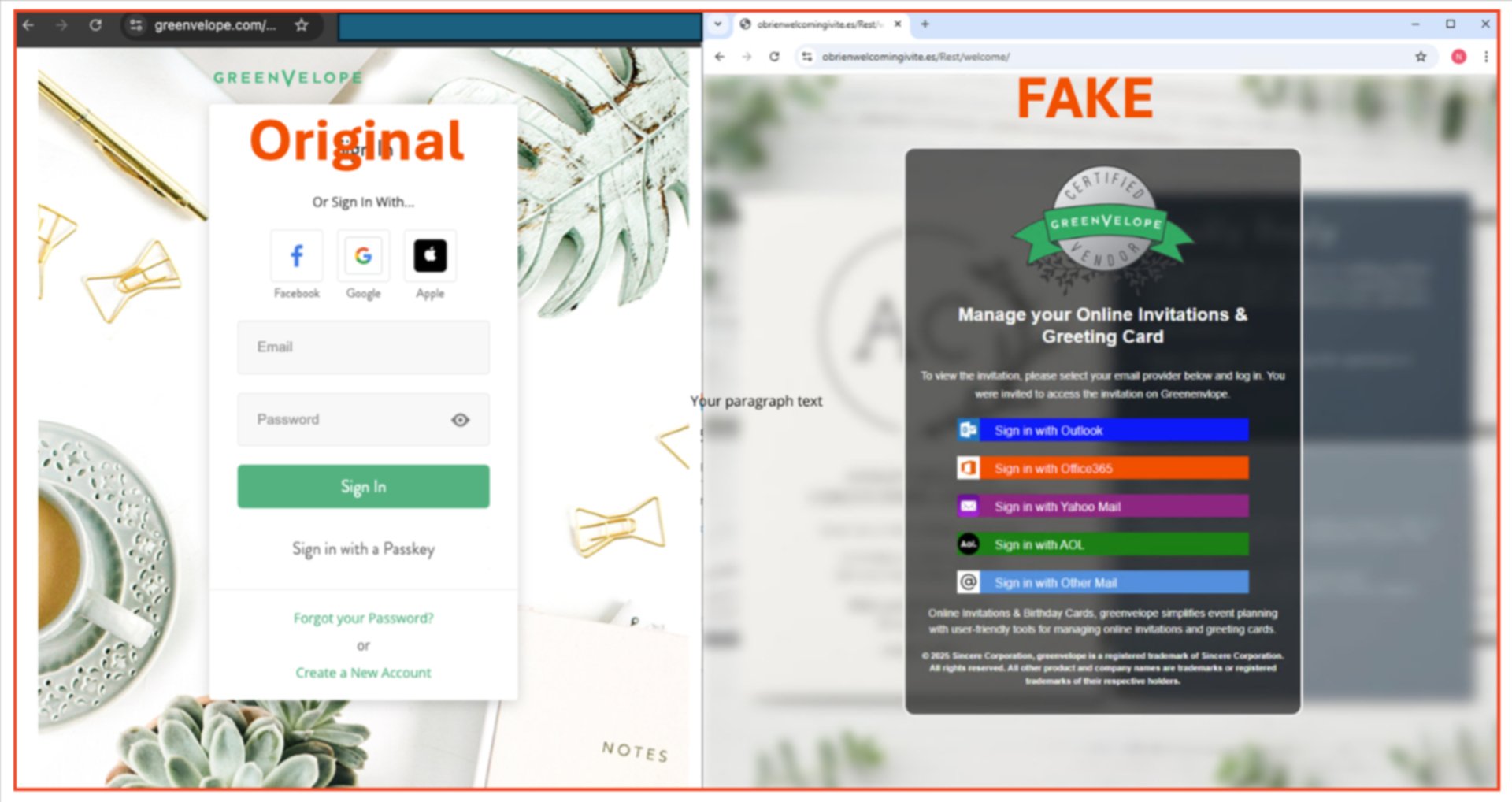 À gauche, la page de connexion légitime ; à droite, la page pirate. © KnowBe4