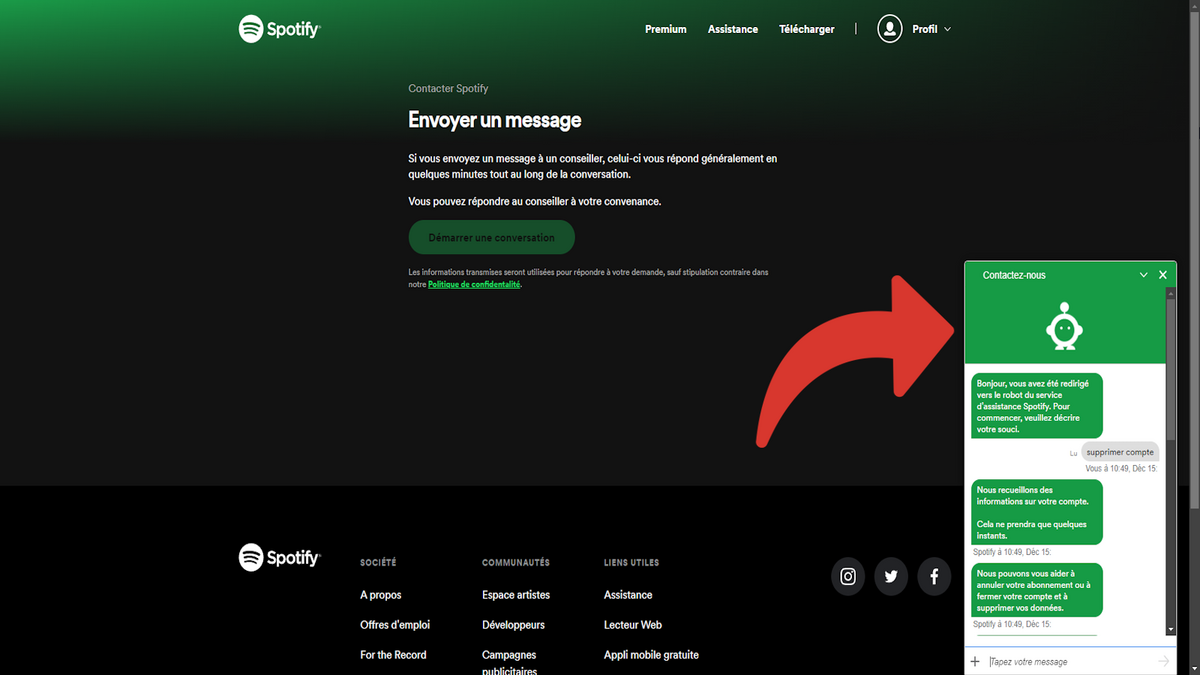 Supprimer compte Spotify via Chatbot © Benoit Baylé pour Clubic