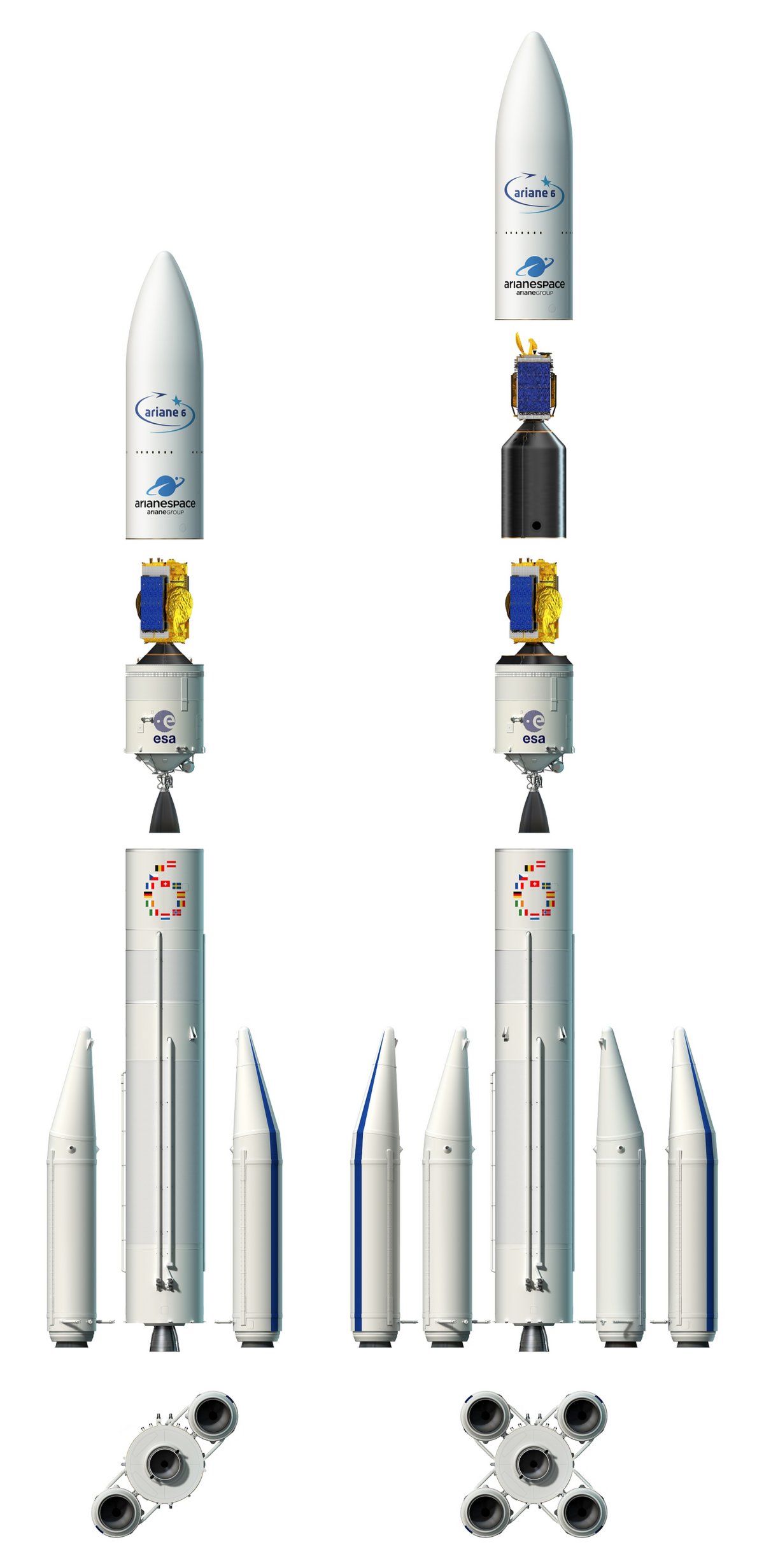 Configuration finale d'Ariane 62 et Ariane 64. Sur les deux lanceurs, la hauteur de la coiffe peut varier en fonction du nombre de satellites emportés. En moyenne, Ariane 6 sera haute d'environ 65m. Crédit image: ESA