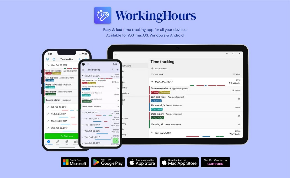 Application de time tracking,  suivi des temps avec minuterie - Working Hours