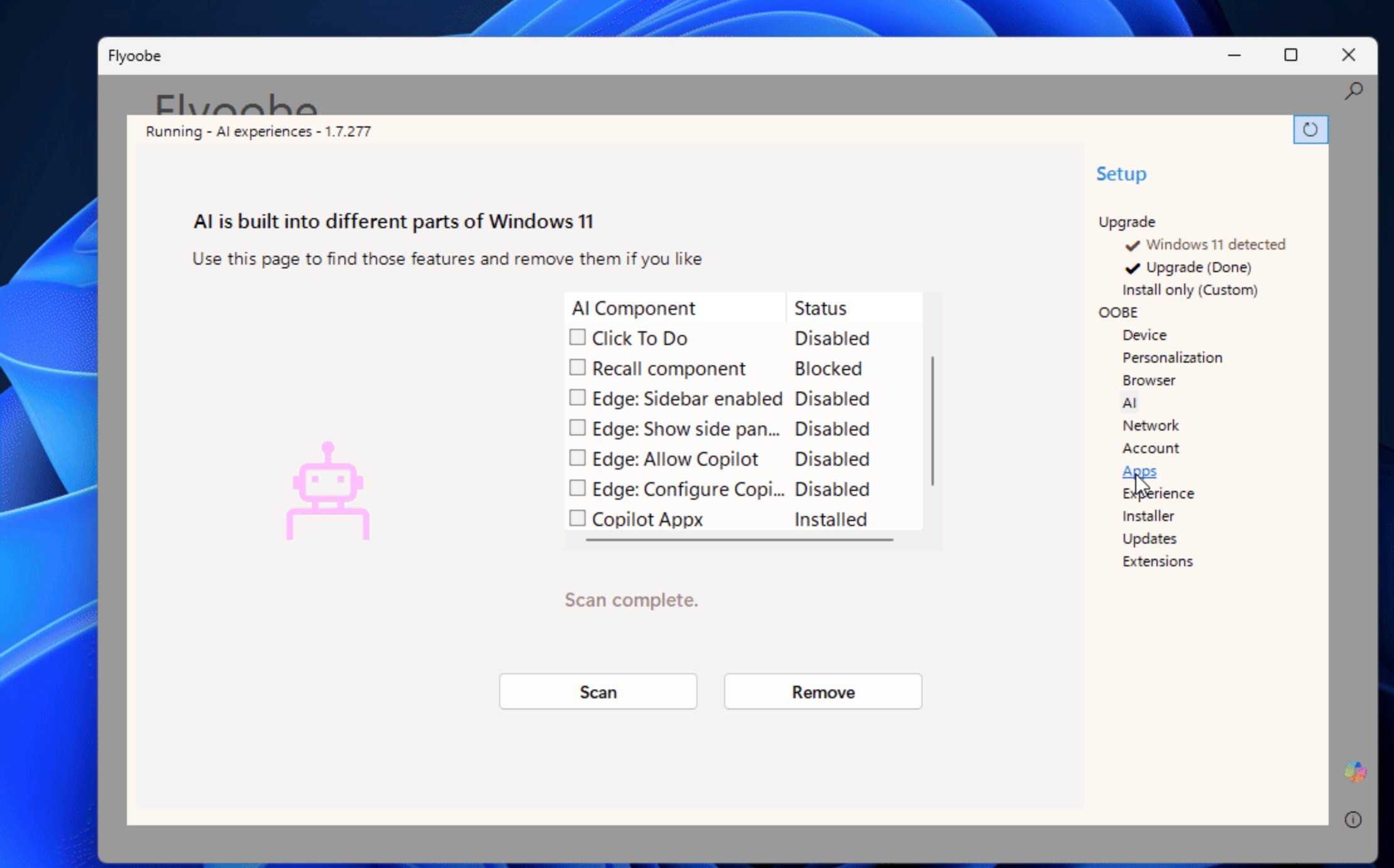 L'outil prend en charge les dernières intégrations IA : Copilot dans la barre des tâches, les fonctions de recherche alimentées par Bing, ou encore les suggestions contextuelles dans les applications Microsoft. © FlyOOBE