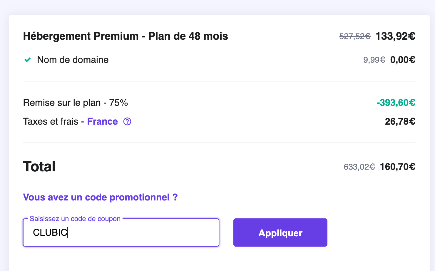 Hostinger - Etape 1 : rentrez le coupon "CLUBIC" dans la rubrique code promotionnel