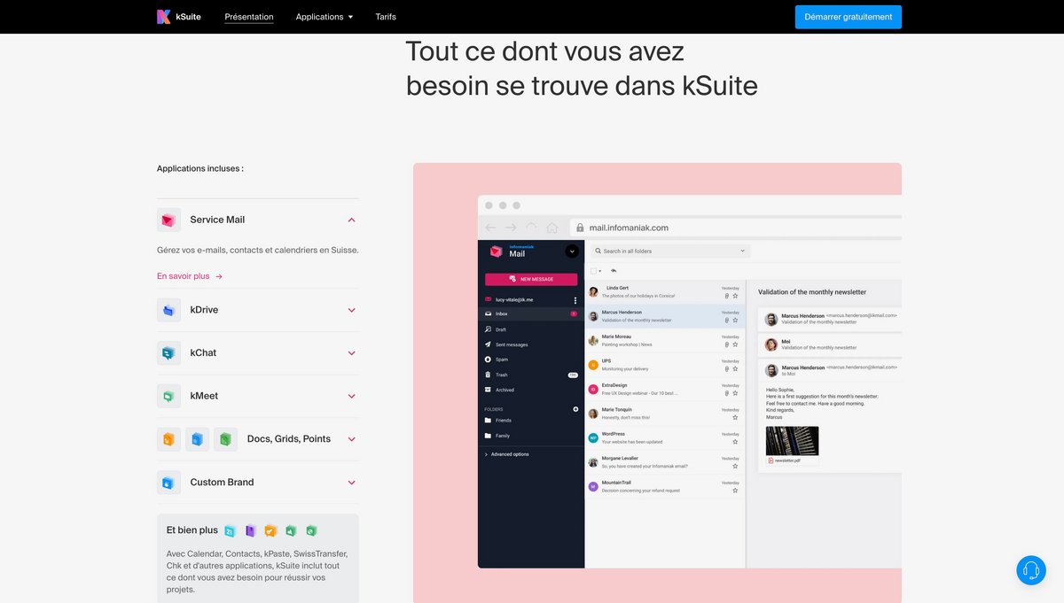 La suite en ligne kSuite propose de nombreux services © Infomaniak