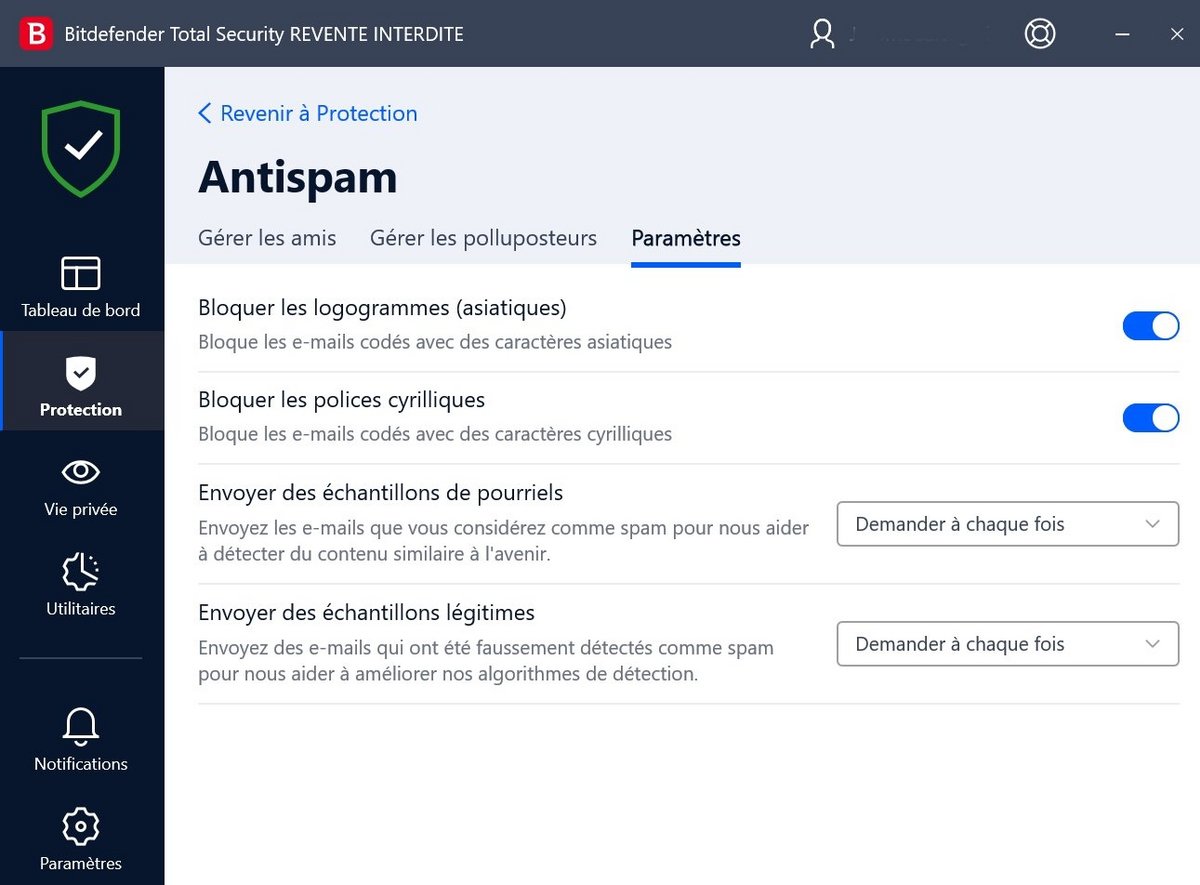  Bitdefender Total Security - Paramètres de l'Antispam