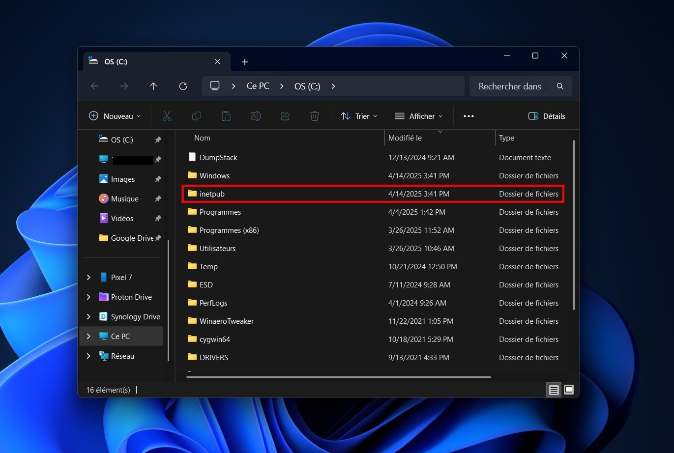 Il est là, sûrement vide, mais ne vous avisez surtout pas de supprimer le dossier "inetpub" créé à la racine du disque C. © Clubic