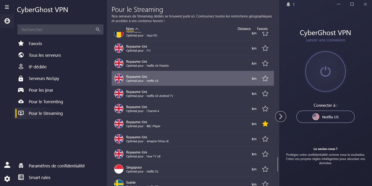 CyberGhost - La sélection d'un serveur dédié au streaming sur le VPN