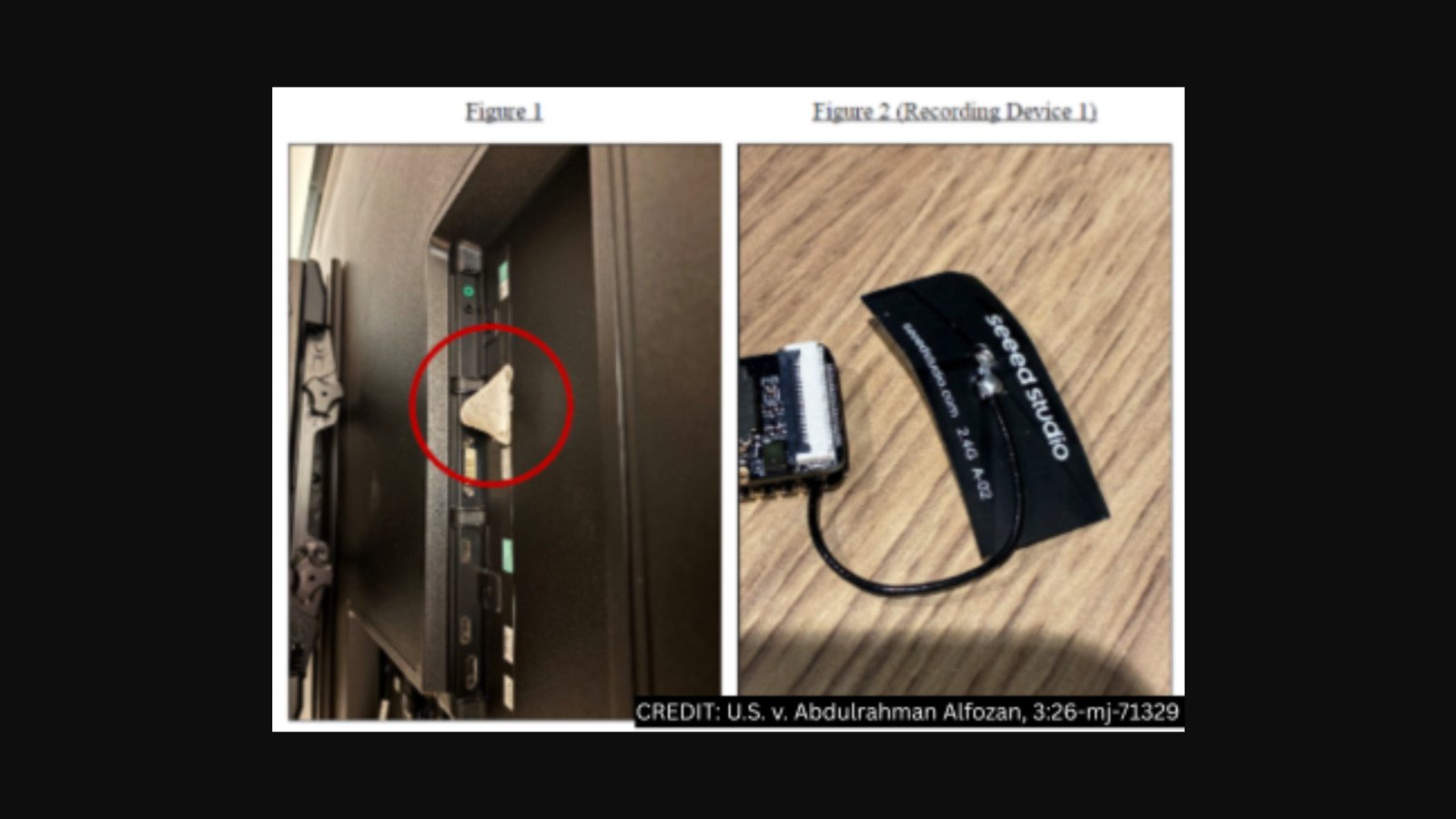 Le mouchard découvert le 30 septembre : dissimulé dans du papier toilette sur un port de la télévision (à gauche), il se résume à un petit module électronique équipé d’une antenne 2,4 GHz (à droite). © U.S. v. Abdulrahman Alfozan, 3:26-mj-71329