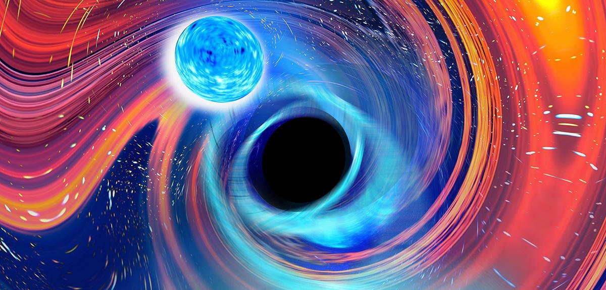 Vue d'artiste d'une collision entre trou noir et étoile à neutrons. © Carl Knox, OzGrav / Swinburne University