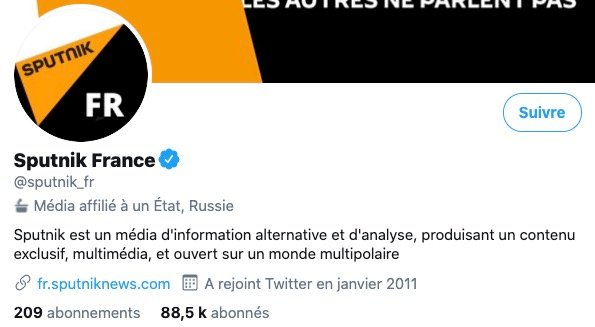 Les comptes Twitter de Sputnik sont désormais labellisés comme liés à la Russie. Capture d'écran