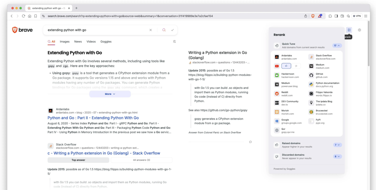 Brave Search permet de privilégier ou de masquer certaines sources dans les résultats