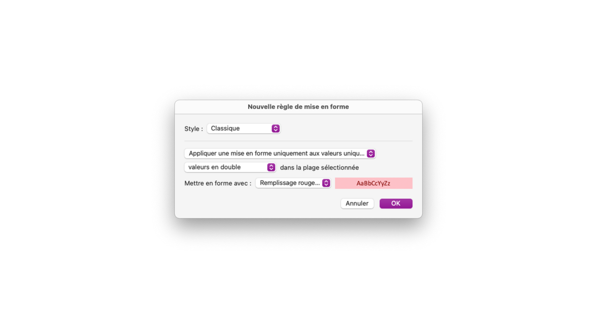 Fenêtre sur Mac de la configuration de la mise en forme condition des valeurs en double sur Excel © Clubic