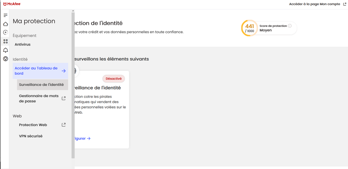 McAfee Identity Theft Protection - Le tableau de bord de protection de l'identité