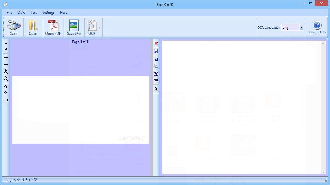 Interface principale de FreeOCR affichant la zone d’aperçu du document scanné à gauche et la zone de texte OCR extrait à droite. - © FreeOCR