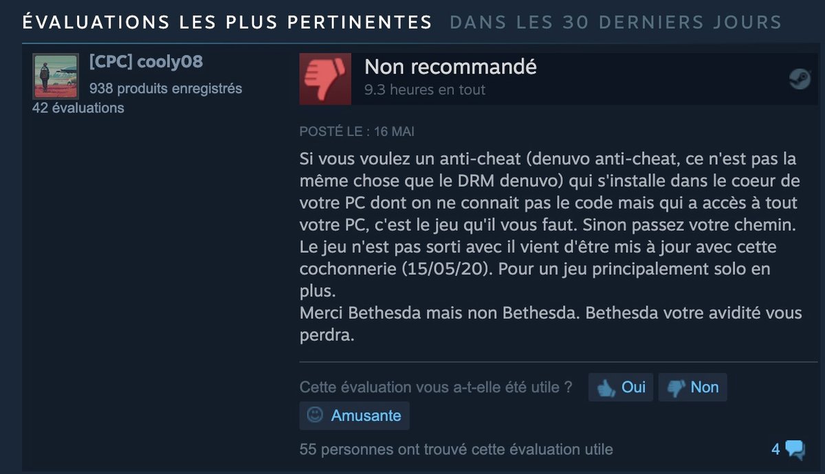 Critique négative publiée après l'intégration de Denuvo Anti-Cheat. © Steam 