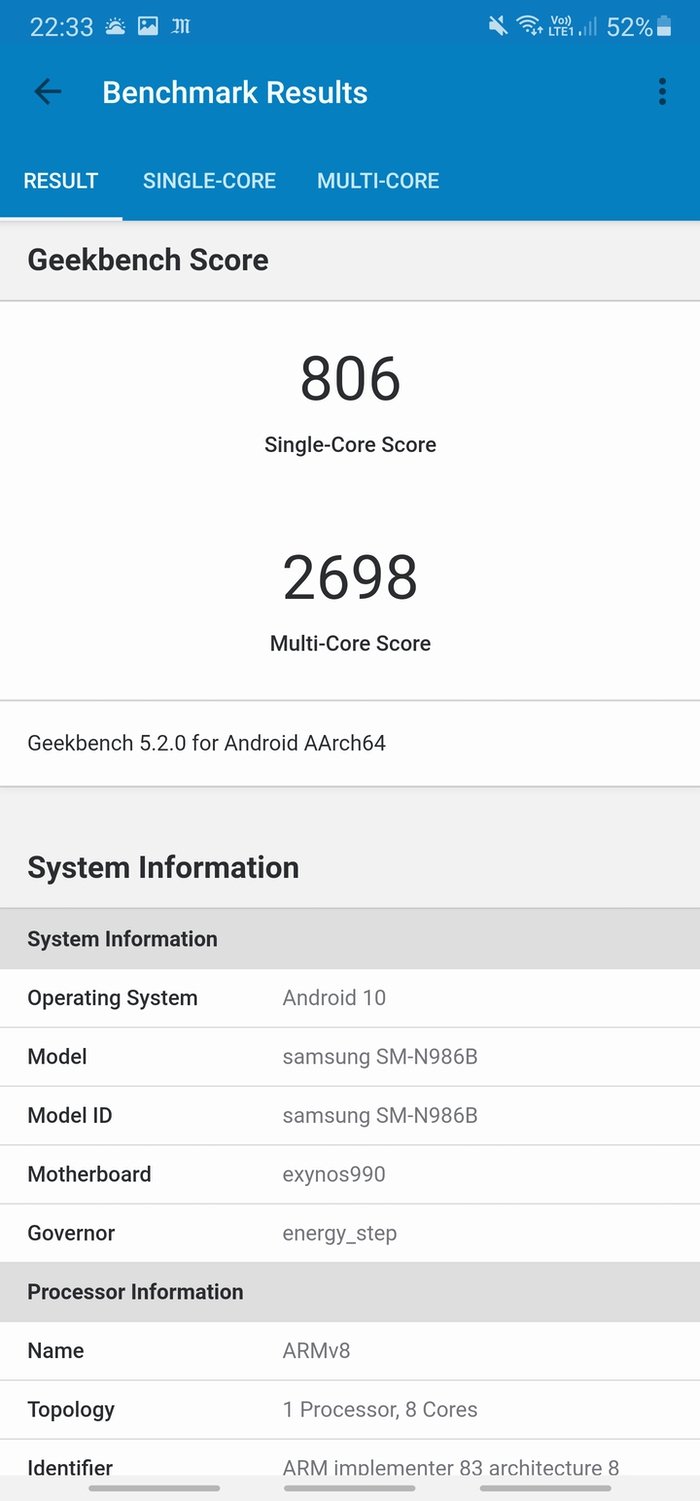 Galaxy Note 20 Ultra 5G -Geekbench