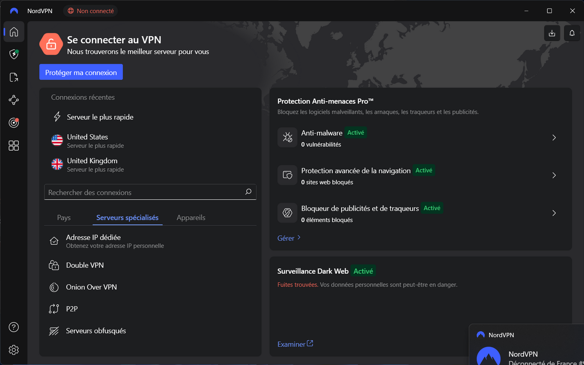 NordVPN - Le menu d'accès aux serveurs spécialisés. © Clubic