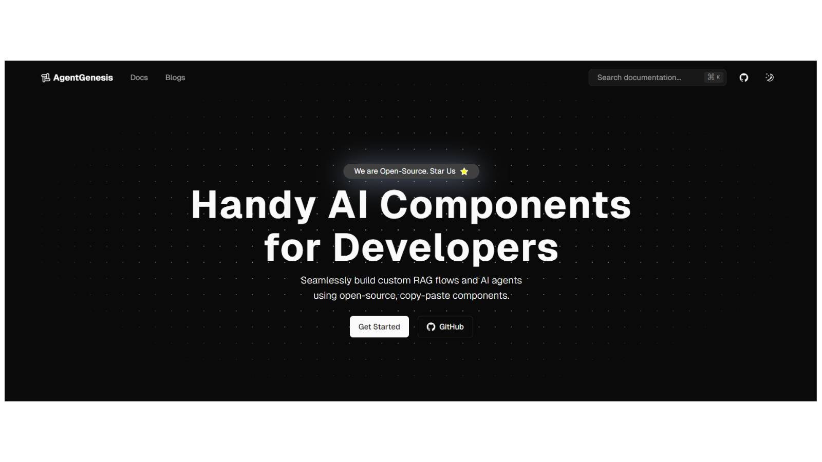 AgentGenesis propose des composants réutilisables pour créer rapidement des agents IA, des workflows RAG et des applications d'IA générative. Les snippets de code sont directement intégrables et entièrement personnalisables. © DeadmanAbir 