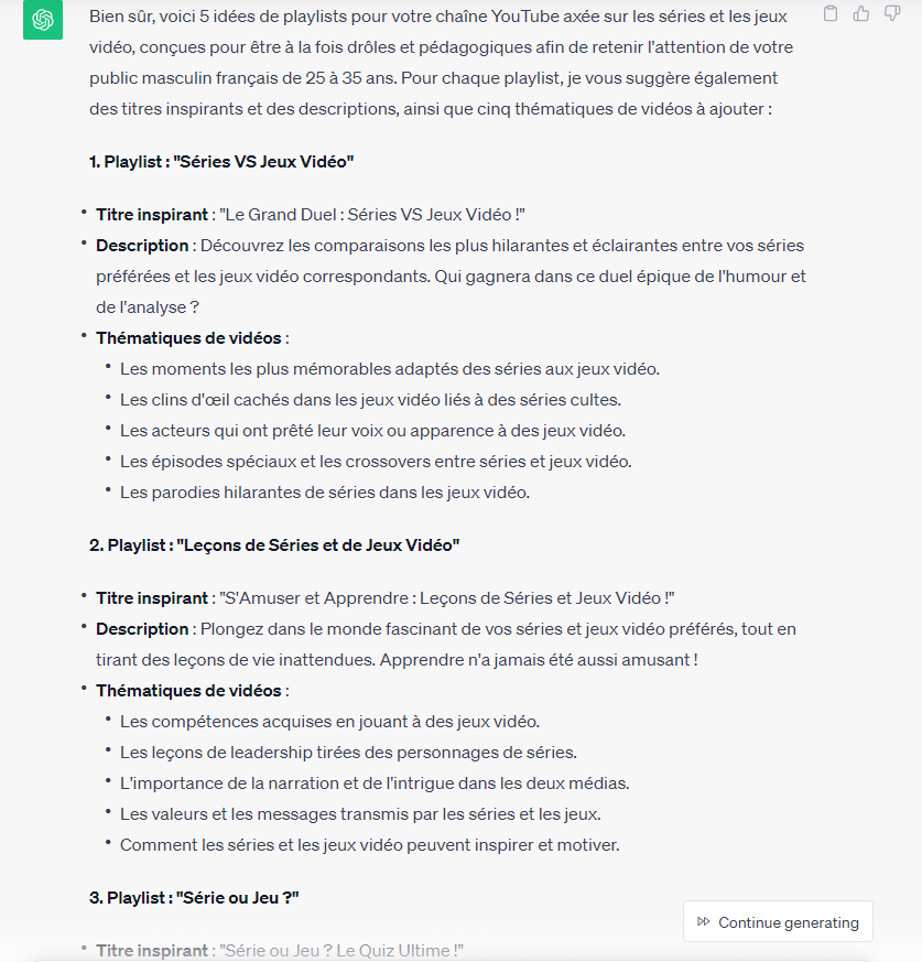 Prompt pour la création d'une playlist YouTube sur ChatGPT © Clubic