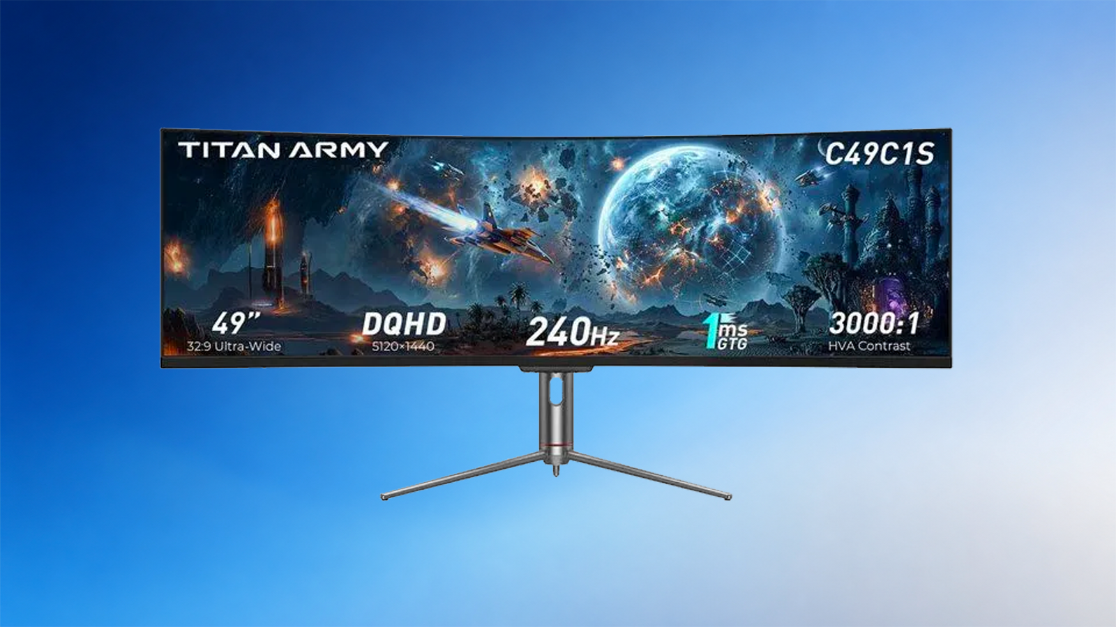 > Avec sa dalle 49 pouces au format 32:9, ce modèle remplace avantageusement deux écrans sans bordure centrale. ©Titan Army