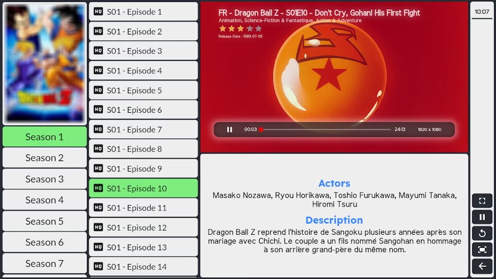 Interface de lecture d’épisodes de Hot IPTV affichant les saisons, les épisodes et les détails du programme en cours de lecture. - © Hot IPTV