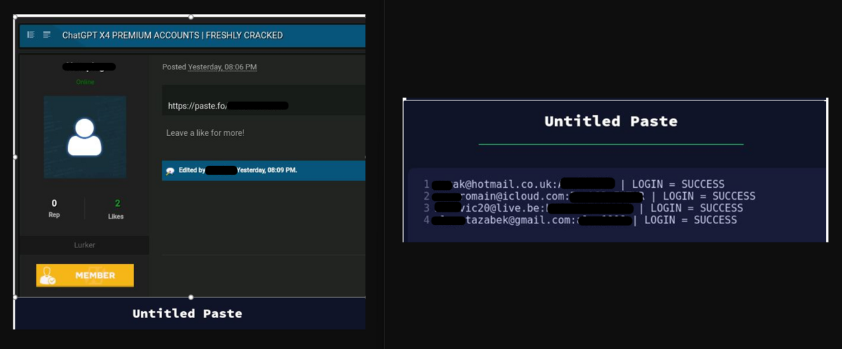 Ici, un hacker partage gratuitement 4 comptes ChatGPT premium © Check Point Research