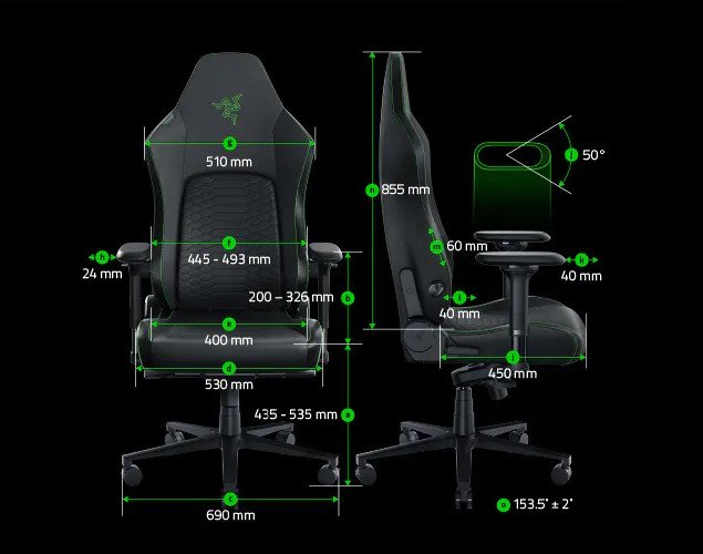 Les dimensions du siège gaming Iskur V2. ©️ Razer