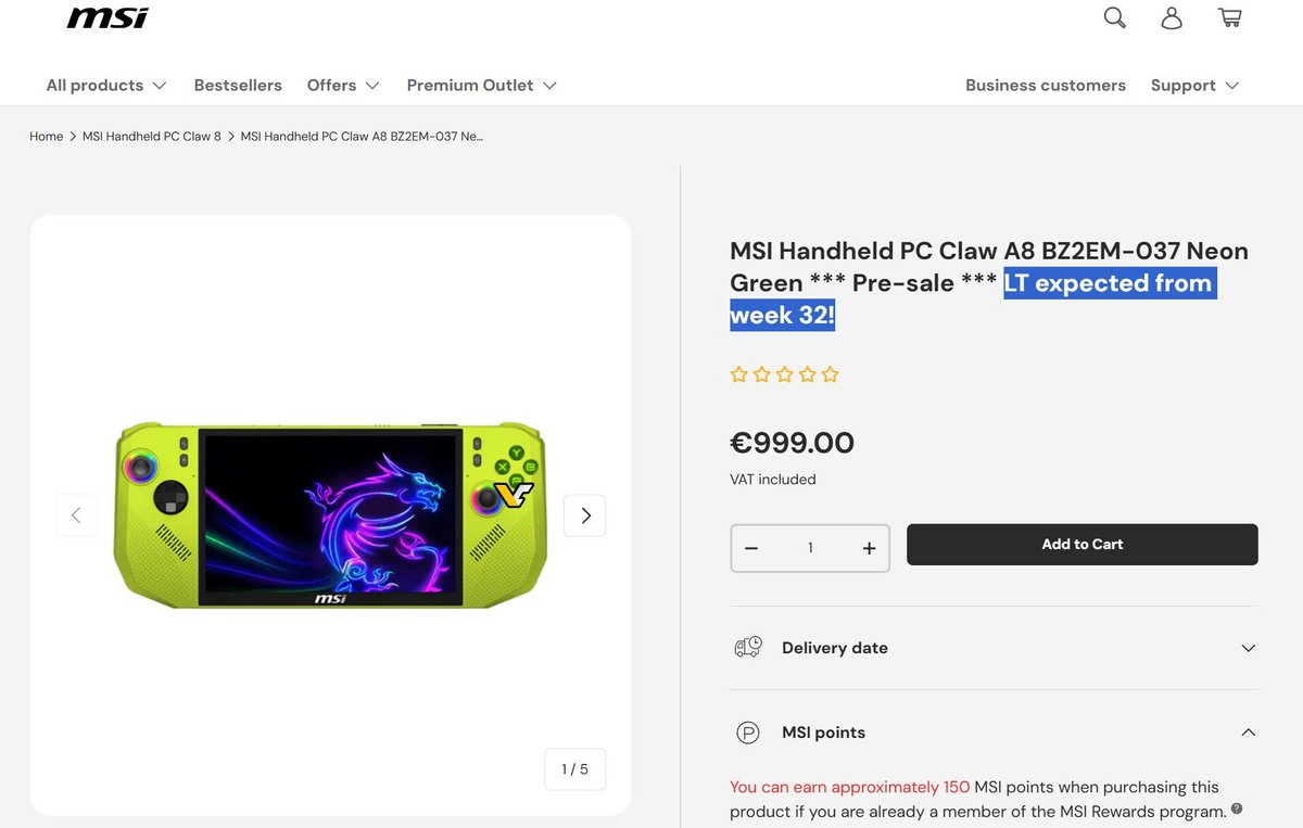 La fiche produit de la Claw A8 sur le site de MSI Allemagne : 999 euros. ©VideoCardz